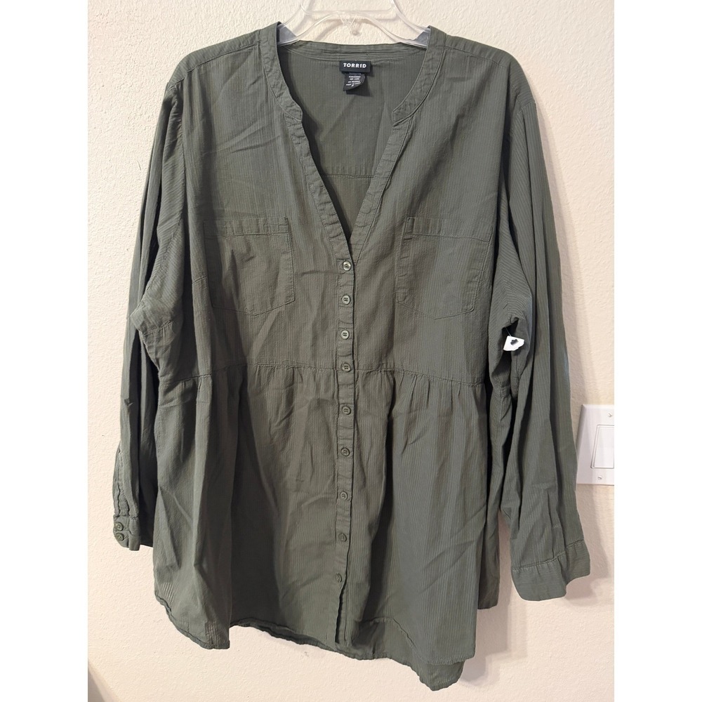 Torrid Olive Green Striped V Neck Button Front Tunic Shirt Plus Size 4